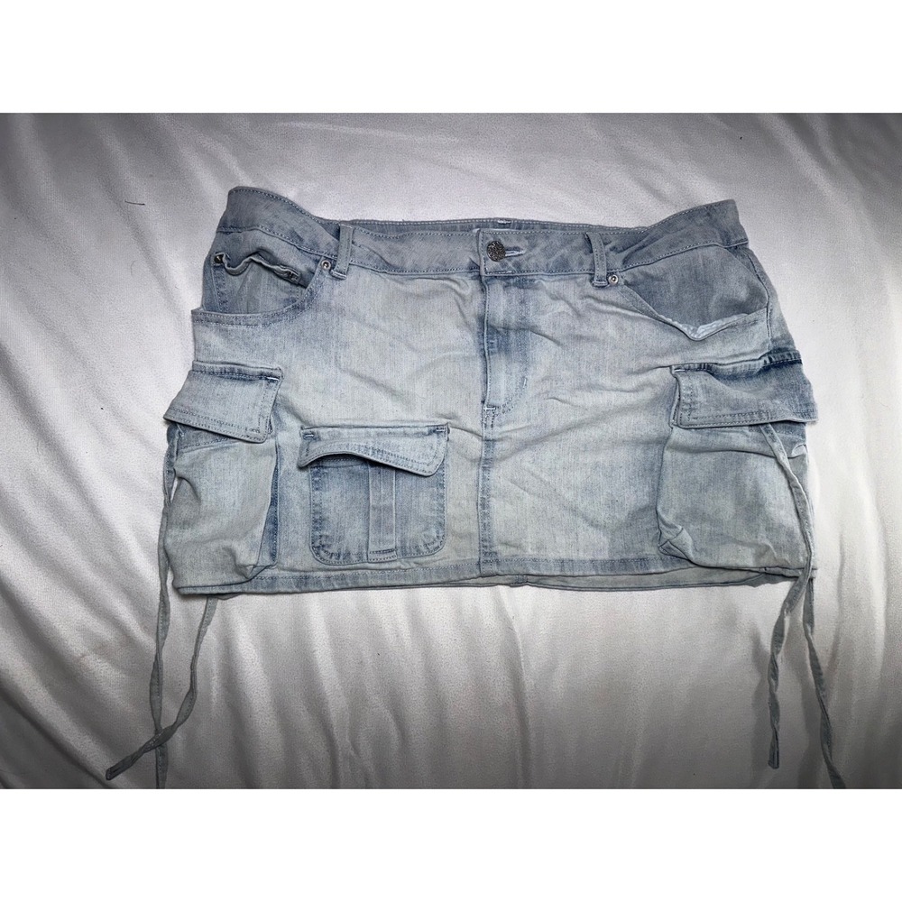 Dakota Blue Light Wash Denim Cargo Mini Skirt Y2K Utility Drawstring Size L